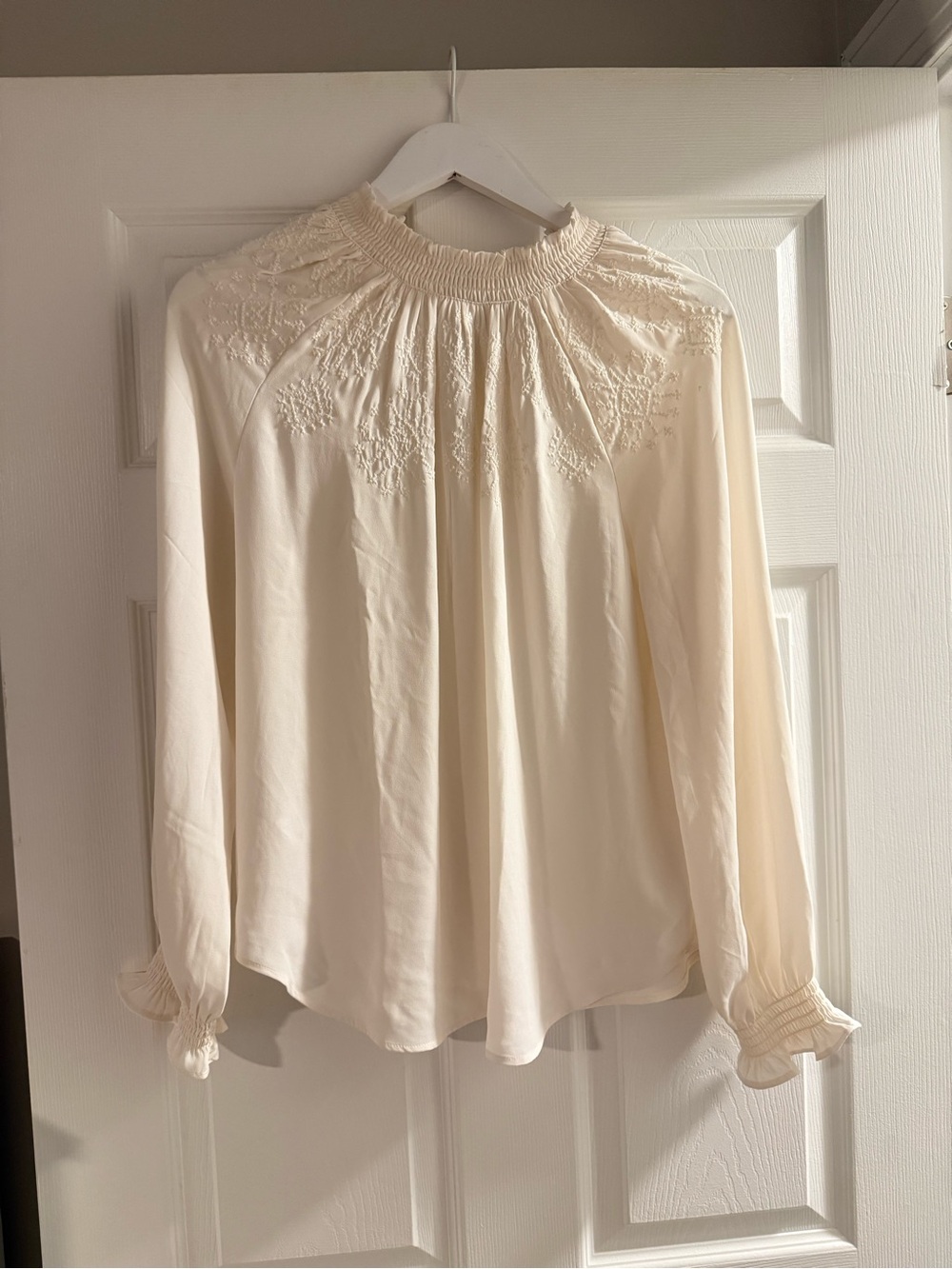 Women's Loft Cream Smocked Neck Long-Sleeve Blouse